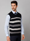 Cantabil Stripe Black Sleeveless V Neck Regular Fit Reversible Casual Sweater for Men