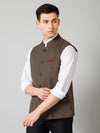 Cantabil Men Brown Self Design Casual Band Collar Sleeveless Waist Coat