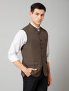 Cantabil Men Brown Self Design Casual Band Collar Sleeveless Waist Coat