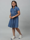 Cantabil Girls Cotton Solid Shirt Collar Short Sleeves Fit and Indigo Blue Casual Dress