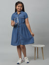 Cantabil Girls Cotton Solid Shirt Collar Short Sleeves Fit and Indigo Blue Casual Dress