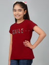 Cantabil Girl's Maroon Printed Half Sleeves T-Shirt