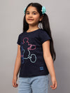 Cantabil Girl's Navy Blue Printed Round Neck Half Sleeve T-shirt