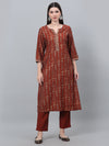 Cantabil Women Printed 3/4th Sleeve Rust Kurti Palazzo Set With Dupatta