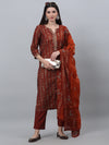 Cantabil Women Printed 3/4th Sleeve Rust Kurti Palazzo Set With Dupatta