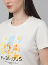 Cantabil Women's Off White Printed Round Neck Casual T-shirt For Summer
