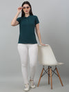 Cantabil Women's Teal Blue Solid Polo Neck Casual T-shirt For Summer