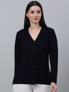 Cantabil Women Self Design V Neck Full Sleeve Navy Blue Casual Cardigan Sweater