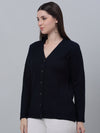 Cantabil Women Self Design V Neck Full Sleeve Navy Blue Casual Cardigan Sweater