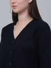 Cantabil Women Self Design V Neck Full Sleeve Navy Blue Casual Cardigan Sweater