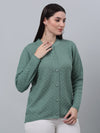 Cantabil Women Self Design Round Neck Full Sleeve Green Casual Cardigan Sweater