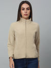 Cantabil Women Beige Mandarin Collar Full Sleeves Fleece Casual Winter Sweatshirt