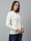 Cantabil Women White Self Design V Neck Full Sleeve Casual Winter Cardigan Sweater