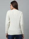 Cantabil Women White Self Design V Neck Full Sleeve Casual Winter Cardigan Sweater