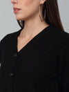 Cantabil Women Black Self Design V Neck Full Sleeve Casual Winter Cardigan Sweater