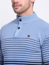 Cantabil Striped Sky Blue Full Sleeves Mock Collar Regular Fit Casual Sweater for Men