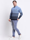 Cantabil Striped Sky Blue Full Sleeves Mock Collar Regular Fit Casual Sweater for Men