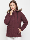Cantabil Wine Full Sleeves Detachable Hooded Neck Puffer Casual Jacket For Women