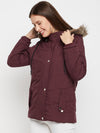 Cantabil Wine Full Sleeves Detachable Hooded Neck Puffer Casual Jacket For Women