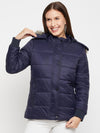 Cantabil Blue Full Sleeves Detachable Hooded Neck Puffer Casual Jacket For Women