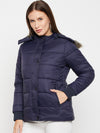 Cantabil Blue Full Sleeves Detachable Hooded Neck Puffer Casual Jacket For Women