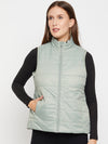 Cantabil Green Sleeveless Mock Collar Puffer Casual Reversible Jacket For Women