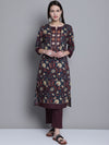 Cantabil Women Cotton Floral Printed Round Neck 3/4 Sleeves Navy Blue Kurti Plazzo Set (7163140407435)