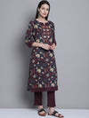 Cantabil Women Cotton Floral Printed Round Neck 3/4 Sleeves Navy Blue Kurti Plazzo Set (7163140407435)