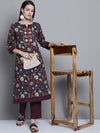 Cantabil Women Cotton Floral Printed Round Neck 3/4 Sleeves Navy Blue Kurti Plazzo Set (7163140407435)