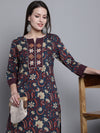 Cantabil Women Cotton Floral Printed Round Neck 3/4 Sleeves Navy Blue Kurti Plazzo Set (7163140407435)