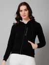 Cantabil Solid Black Full Sleeves Regular Fit Casual Sweatshirt with Hoodie For Women