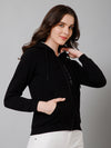 Cantabil Solid Black Full Sleeves Regular Fit Casual Sweatshirt with Hoodie For Women