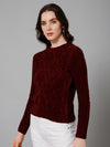 Cantabil Self Design Maroon Round Neck Full Sleeves Regular Fit Casual Sweater For Women