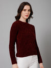 Cantabil Self Design Maroon Round Neck Full Sleeves Regular Fit Casual Sweater For Women