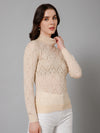 Cantabil Self Design Beige High Neck Full Sleeves Regular Fit Women Casual Sweater