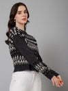 Cantabil Printed Black Round Neck Full Sleeves Regular Fit Women Casual Sweater