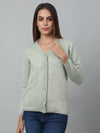 Cantabil Women Self Design V Neck Full Sleeve Mint Green Casual Winter Cardigan Sweater