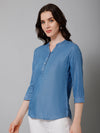 Cantabil Women Blue Solid Round Neck Regular Fit 3/4 Sleeves Casual Tunic