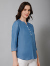 Cantabil Women Blue Solid Round Neck Regular Fit 3/4 Sleeves Casual Tunic
