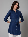 Cantabil Women Blue Solid Collared Neck Regular Fit 3/4 Sleeves Casual Tunic