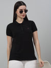 Cantabil Women's Black Solid Polo Neck Casual T-shirt For Summer