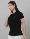 Cantabil Women's Black Solid Polo Neck Casual T-shirt For Summer