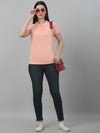 Cantabil Women's Peach Solid Polo Neck Casual T-shirt For Summer