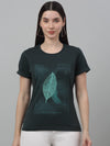 Cantabil Women's Bottle Green Printed Round Neck Casual T-shirt For Summer