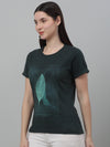 Cantabil Women's Bottle Green Printed Round Neck Casual T-shirt For Summer