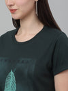 Cantabil Women's Bottle Green Printed Round Neck Casual T-shirt For Summer