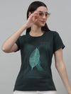 Cantabil Women's Bottle Green Printed Round Neck Casual T-shirt For Summer