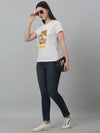 Cantabil Women's White Printed Round Neck Casual T-shirt For Summer