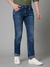 Cantabil Blue Solid Cotton Denim Flat Front Mid Rise Full Length Regular Fit Casual Jeans For Men