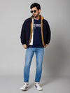 Cantabil Solid Full Sleeves Mock Collar Regular Fit Navy Blue Casual Reversible Jacket For Men